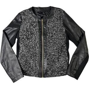 Ivanka Trump Tweed Faux Leather Jacket Black Zip Front Moto Blazer PS